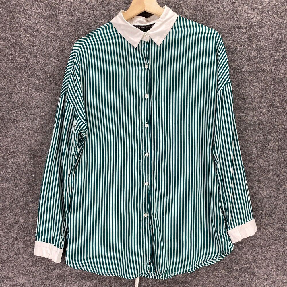 Shop The Trends Shirt Women M Green White Striped Long Sleeve Back Tie Button Up